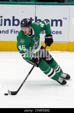 Dallas, Texas, USA. 20th Nov, 2024. Ilya Lyubushkin #46 of Dallas Stars skating on the ice whit the puck during the match against San Jose Sharks of the NHL at the American Airlines Center. Final Score Dallas Stars 5 - 2 San Jose Sharks. on November 20, 2024 in Dallas, Texas. (Credit Image: © Javier Vicencio/eyepix via ZUMA Press Wire) EDITORIAL USAGE ONLY! Not for Commercial USAGE! Stock Photo