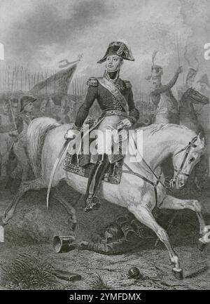 Etienne Macdonald (Etienne-Jacques-Joseph-Alexandre Macdonald) (1765-1840). French general. Marshal of the Empire since 1809. Equestrian portrait. Drawing by Eugène Charpentier. Engraving by Paul Girardet. 'Histoire du Consulat et de l'Empire' (History of the Consulate and the Empire of France under Napoleon), by A. Thiers. Volume X. Published in Paris, 1851. Author: Eugène Charpentier (1811-1890). French painter. Paul Girardet (1821-1893). Swiss-born French copper engraver. Stock Photo