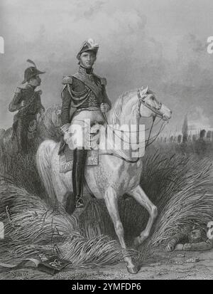 Louis-Nicolas Davout (1770-1823). French military officer and Marshal of the Empire in 1804. Duke of Auerstaedt and Prince of Eckmühl. Equestrian portrait. Drawing by Karl Girardet. Engraving by Paul Girardet. 'Histoire du Consulat et de l'Empire' (History of the Consulate and the Empire of France under Napoleon), by A. Thiers. Volume VII. Published in Paris, 1847. Author: Karl Girardet (1813-1871). Swiss artist. Paul Girardet (1821-1893). Swiss-born French copper engraver. Stock Photo