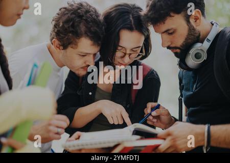 Diverse group of students collaborating on school work outdoors Stock Photo