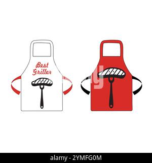 Red and white aprons with the draw of a fork and steak on a white background Stock Vector