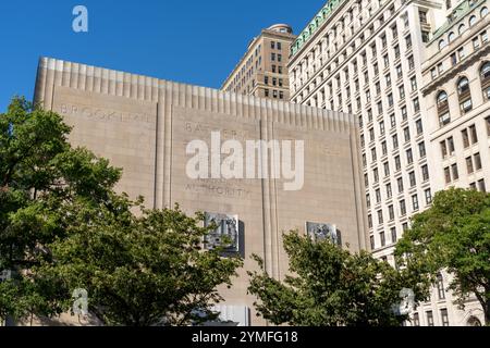 New York City, USA - August 19, 2022: The monumental ventilation building on the Manhattan side of the Brooklyn Battery Tunnel. Stock Photo