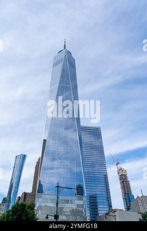 New York City, USA - August 19, 2022: One World Trade Center building looking up in Manhattan, New York City, USA. Stock Photo