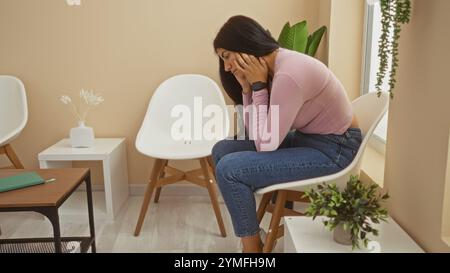 A young attractive hispanic brunette woman sits thoughtfully in a cozy indoor waiting room with modern decor and a plant in the corner. Stock Photo