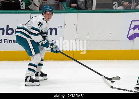 Dallas, Texas, USA. 20th Nov, 2024. Macklin Celebrini #71 of San Jose Sharks skating on the ice whit the control of the puck during the match against Dallas Stars of the NHL at the American Airlines Center. Final Score Dallas Stars 5 - 2 San Jose Sharks. on November 20, 2024 in Dallas, Texas. (Credit Image: © Javier Vicencio/eyepix via ZUMA Press Wire) EDITORIAL USAGE ONLY! Not for Commercial USAGE! Stock Photo