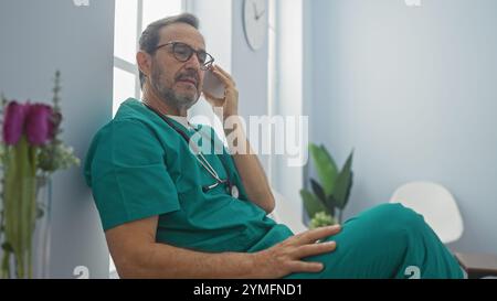 A middle-aged hispanic male doctor in green scrubs listens intently to a voice message while sitting in a hospital room. Stock Photo