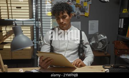 Handsome hispanic man wearing suspenders reviews documents in a detective's office with storage boxes. Stock Photo