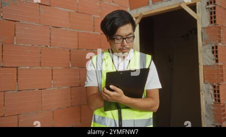 Young man taking notes indoors at a construction site while wearing a reflective vest Stock Photo