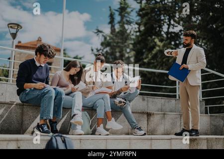 High school students collaborating outdoors with professor's guidance Stock Photo