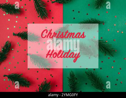 Christmas holiday scene with green and red background and green and red Christmas trees. The background is decorated with stars and the text Christmas Stock Photo