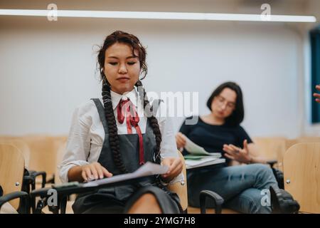 Students engaging with professor in classroom setting for discussion Stock Photo