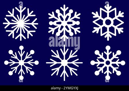 Six unique snowflake designs in white on a dark blue background. The graphic style is clean and minimalistic, representing winter themes. Vector Stock Vector