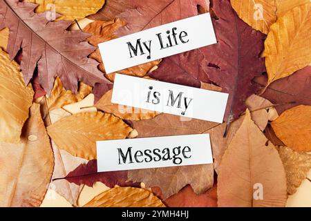 The image is a collage of autumn leaves with the words My life is my message written on it Stock Photo