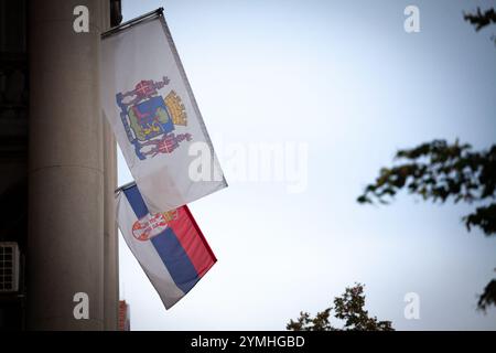 The flag and coat of arms of the Municipality of Zemun (opstina zemun) are displayed prominently. Zemun is a municipality of Belgrade, Serbia. Stock Photo