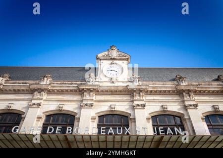 main facade of Bordeaux Saint-Jean train station in France, showcasing its historic architecture. As a central transportation hub, the station connect Stock Photo