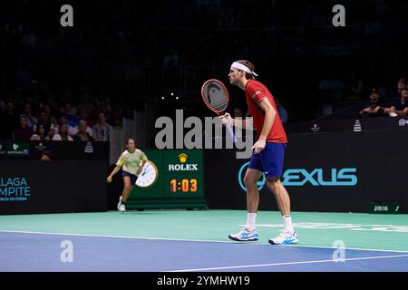 Malaga, Spain. 21st Nov, 2024. MALAGA, SPAIN - NOVEMBER 21: Taylor Fritz of Team USA celebrates a point against Alex de Minaur of Australia in the quarterfinal tie between USA and Australia during the Davis Cup Finals at Palacio de Deportes Jose Maria Martin Carpena on November 21, 2024 in Malaga, Spain. (Photo by Francisco Macia/Photo Players Images/Magara Press) Credit: Magara Press SL/Alamy Live News Stock Photo