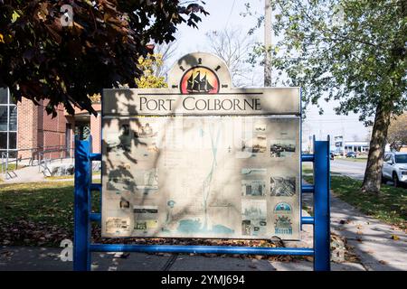Information sign at the public library on King Street in Port Colborne ...