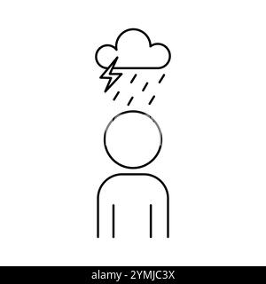 Rain cloud icon. Storm symbol illustration. Person under weather. Line vector shape. Stock Vector