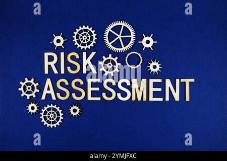 Risk Management Lettering Assess Risk alphabet letters with gears element on navy blue background ...