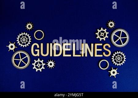 Guidelines alphabet letters with gears element on navy blue background ...