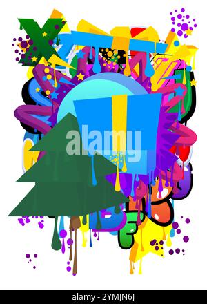 Gift box and pine tree graffiti tag. Abstract modern street art ...