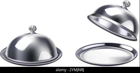 realistic vector icon illustration. Food cloche with cover and tray closed and open. Isolated. Stock Vector