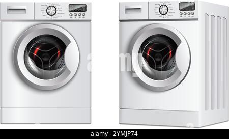 realistic vector icon set. White washing machine in front and side view. Washing clothes, laundry. Stock Vector