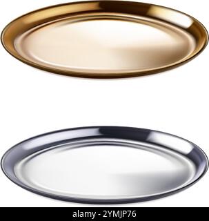 realistic vector icon illustration. Set of golden and silver food trays. isolated. Stock Vector