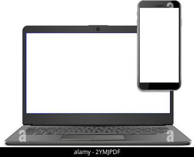 realistic illustration, ui ux app and website presentation. Laptop and smartphone mockup front view isolated on white background. Stock Vector