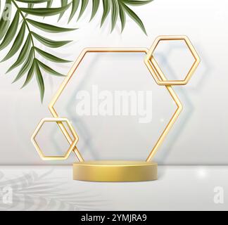 3d realistic vector illustration. Gold podium and hexagon stand and tropical leaves, cosmetic banner, product presentation. Stock Vector