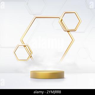 3d realistic vector illustration. Gold podium and hexagon stand, cosmetic banner, product presentation. Stock Vector