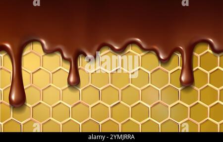 3d realistic vector icon illustration. Melting chocolate dripping on honeycomb background. Stock Vector
