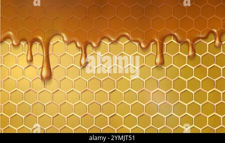 3d realistic vector icon illustration. Melting honey dripping on honeycomb background. Stock Vector