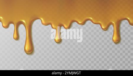 3d realistic vector icon illustration. Melting honey dripping on transparent background. Stock Vector
