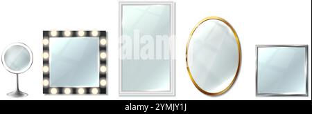 3d realistic vector icon set. Collection of different shepes of mirror, round, square and rectangular. Stock Vector