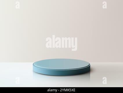 3D blue podium stands on a white surface with a soft shadow cast on the wall. Minimal and elegant design for product displays, branding mockups, or mo Stock Vector