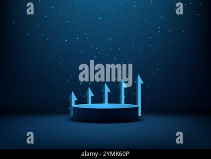 3D glowing blue pedestal with upward arrows, symbolizing growth and progress in business concepts. Corporate marketing, futuristic showcases, and prof Stock Vector