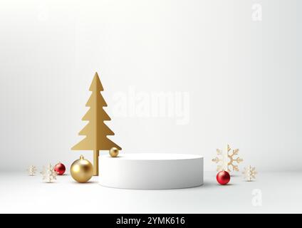 Festive Christmas scene showcasing 3D white podium with a golden Christmas tree, red and gold ornaments and snowflakes. Holiday mockups, product displ Stock Vector