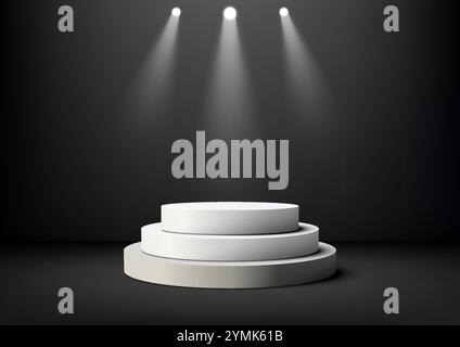 Luxurious 3D three tiered white podium illuminated by bright spotlights on a dark background. Elegant product displays, premium mockups, and modern pr Stock Vector