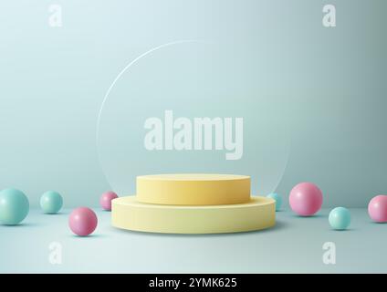 Minimal 3D scene 3D pastel yellow podium surrounded by colorful spheres on a light blue background. Transparent circle backdrop for product display, m Stock Vector