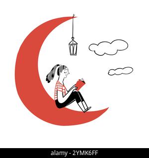 The girl sitting on the moon reading a book, Hand drawn vector illustration doodle style. Stock Vector