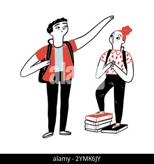 The young man raised up hand above a little girl head that standing on books to measuring height. Hand drawn vector illustration doodle style. Stock Vector