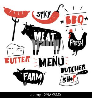 Set of barbecue elements drawn in doodle vector. For the design of the menu of cafes and restaurants. Hand drawn vector doodle. Stock Vector