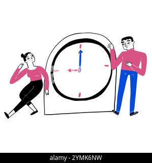 The couple is between a big clock. Hand drawn vector illustration. Stock Vector