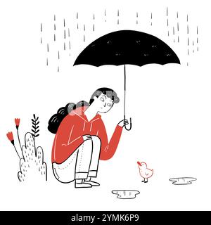 The pretty girl and little duck hiding from the rain under a striped umbrella while on a rainy autumn day, black and white outline. Hand drawn vector Stock Vector