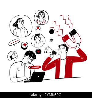 Marketing online concept, Seller pay attention promote him products  with megaphone while lifting a magnet to catching customers. Hand drawn vector il Stock Vector