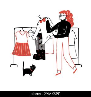 sale, shopping, fashion, style and people concept - happy young woman choosing clothes. Hand drawn vector illustration doodle style. Stock Vector