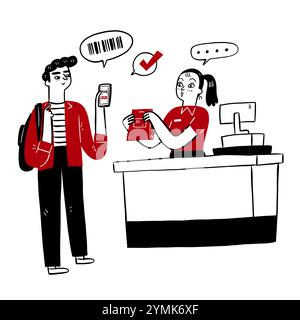 Young man scanning barcode at checkout supermarket. Hand drawn vector illustration Stock Vector