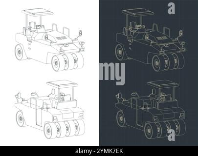 Pneumatic road roller isometric blueprints Stock Vector