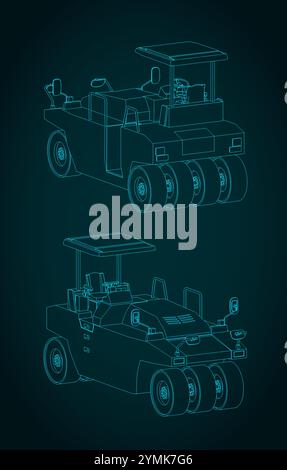 Pneumatic road roller isometric blueprints Stock Vector
